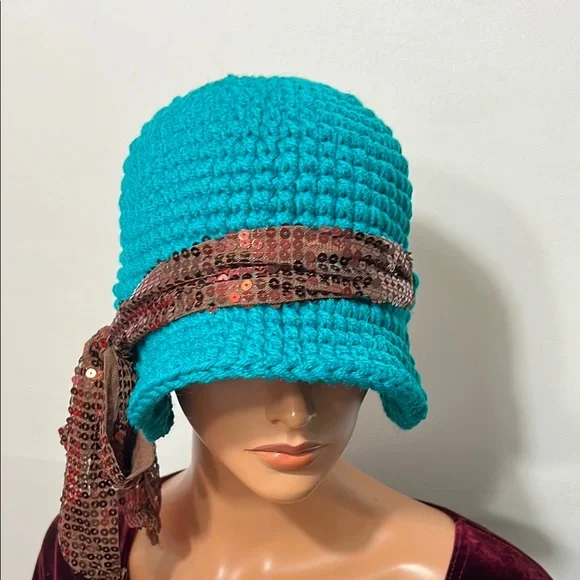 Turquoise Crochet Hat with Sequin Brown Band display picture 3